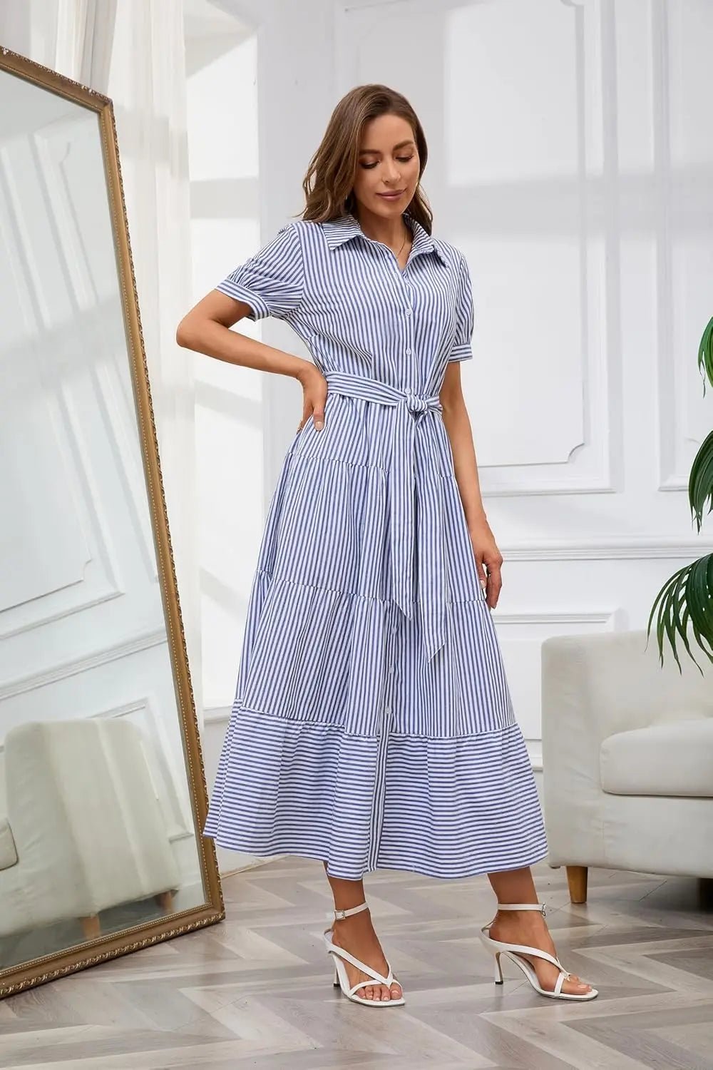 Striped Button-Down Tiered Maxi Dress