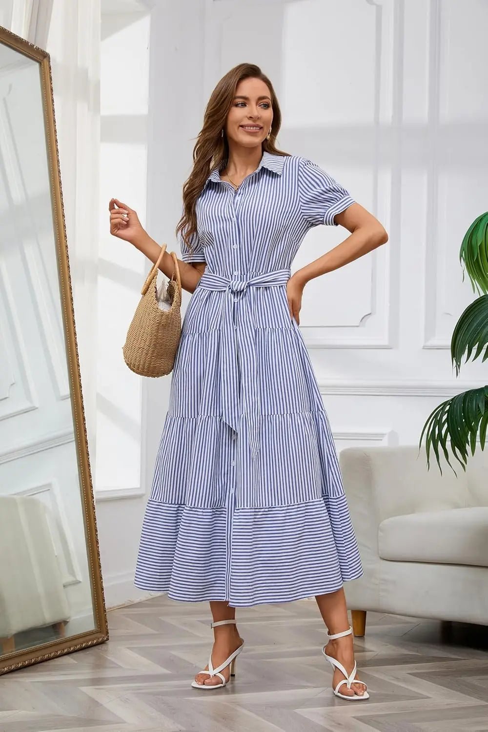 Striped Button-Down Tiered Maxi Dress
