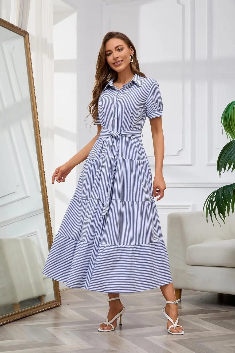Striped Button-Down Tiered Maxi Dress