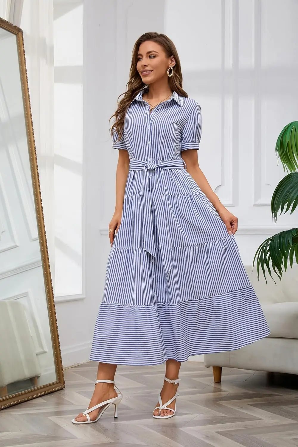 Striped Button-Down Tiered Maxi Dress