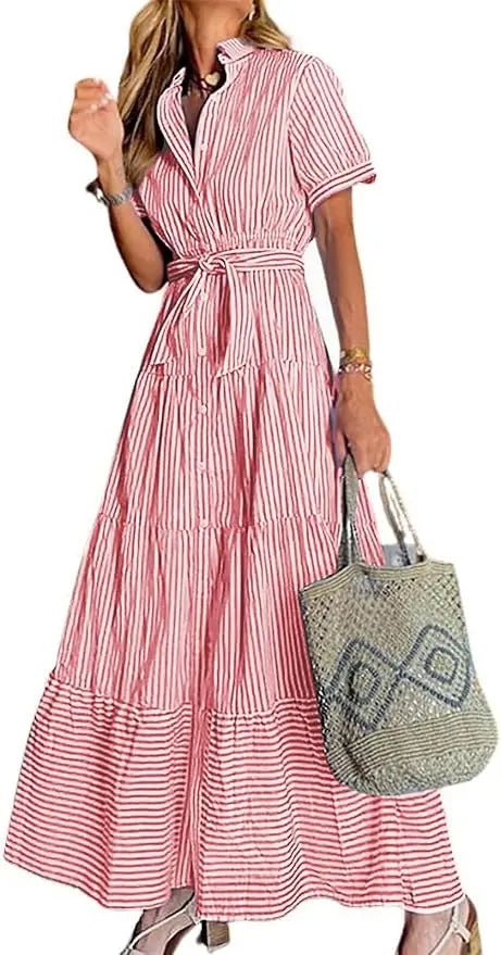 Striped Button-Down Tiered Maxi Dress