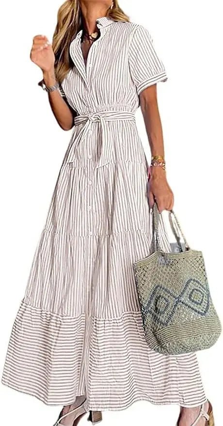 Striped Button-Down Tiered Maxi Dress