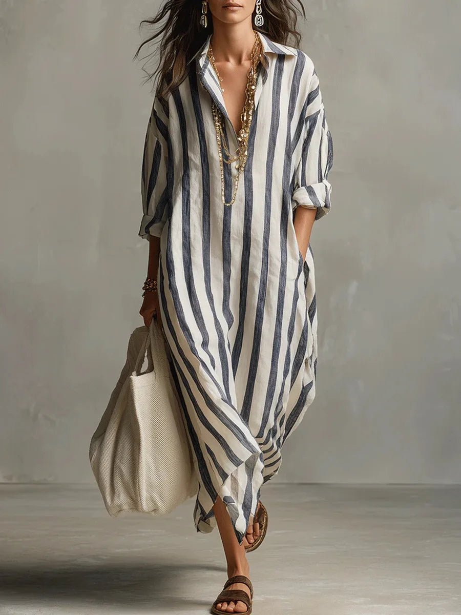 Striped Linen Oversized Maxi Shirt Dress