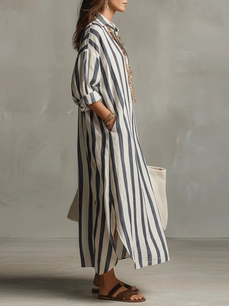 Striped Linen Oversized Maxi Shirt Dress