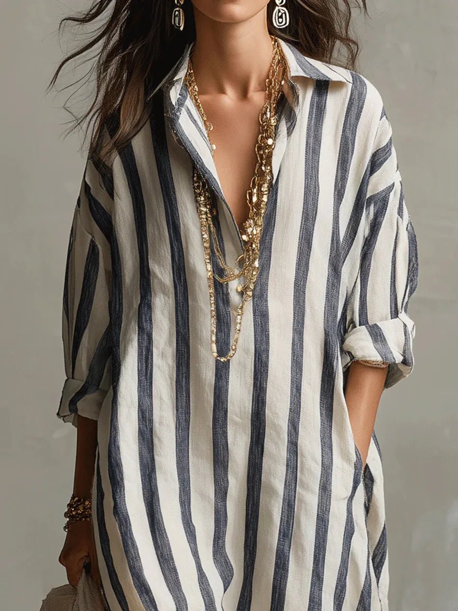 Striped Linen Oversized Maxi Shirt Dress