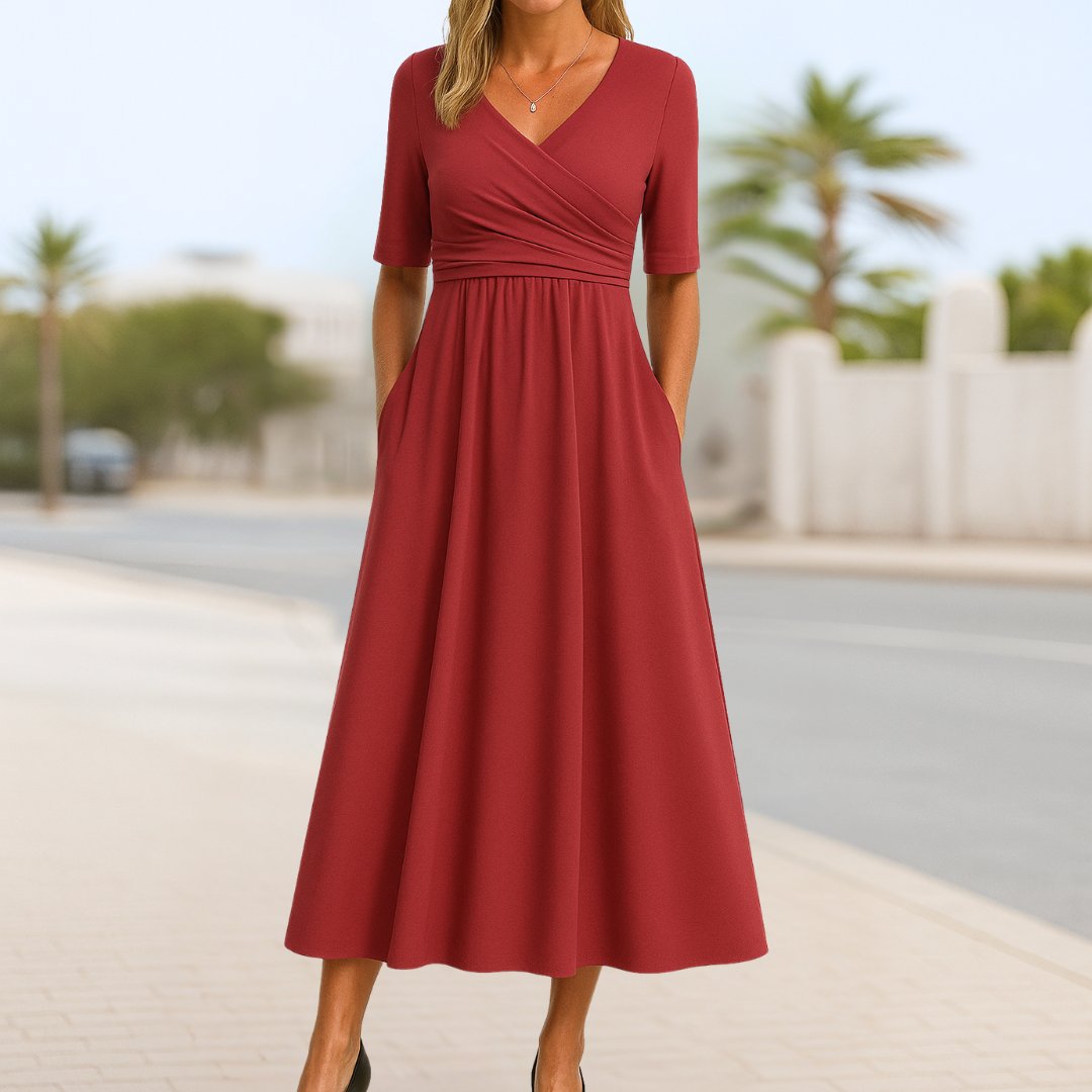 V-Neck Cross-Front Short-Sleeve Midi Dress