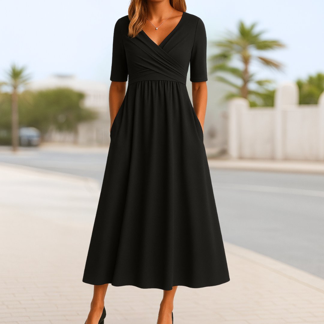 V-Neck Cross-Front Short-Sleeve Midi Dress