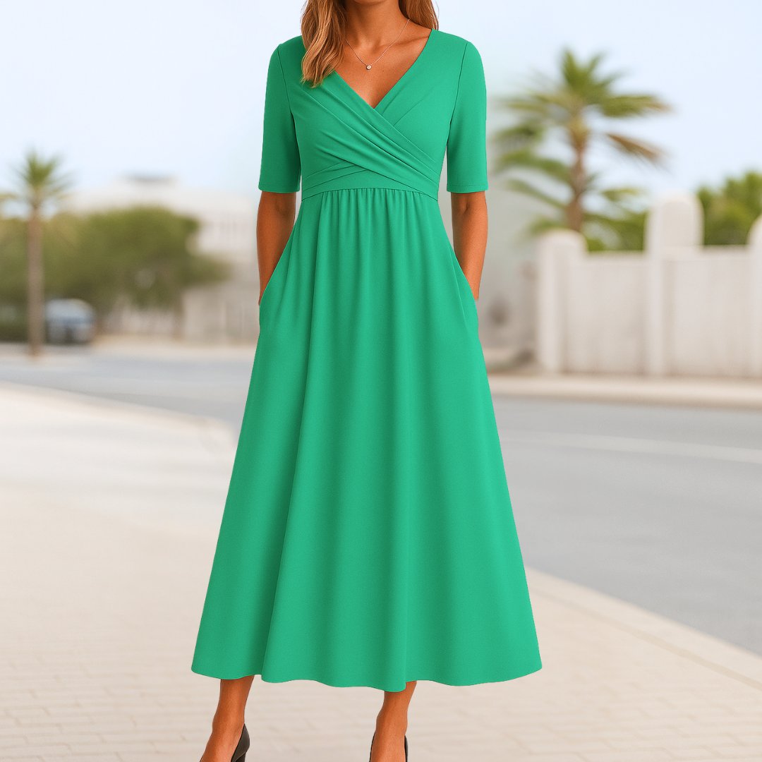 V-Neck Cross-Front Short-Sleeve Midi Dress