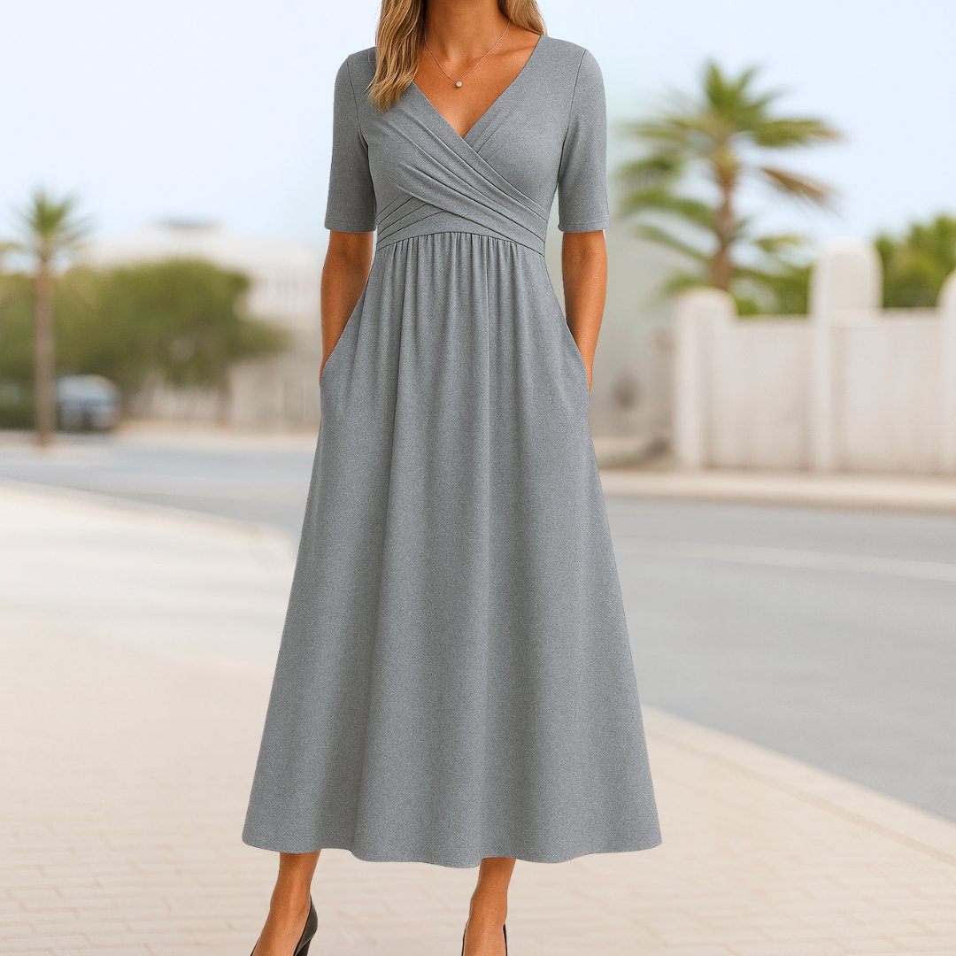 V-Neck Cross-Front Short-Sleeve Midi Dress