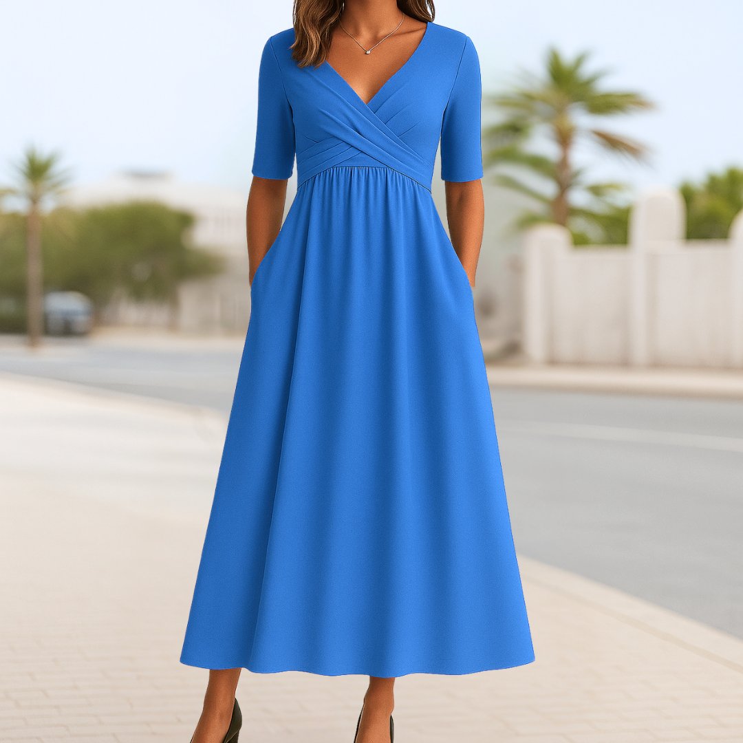 V-Neck Cross-Front Short-Sleeve Midi Dress
