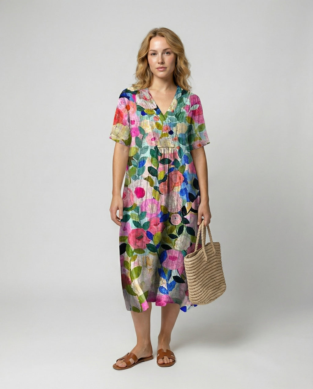 Watercolour Floral Linen V-Neck Midi Dress Short Sleeve