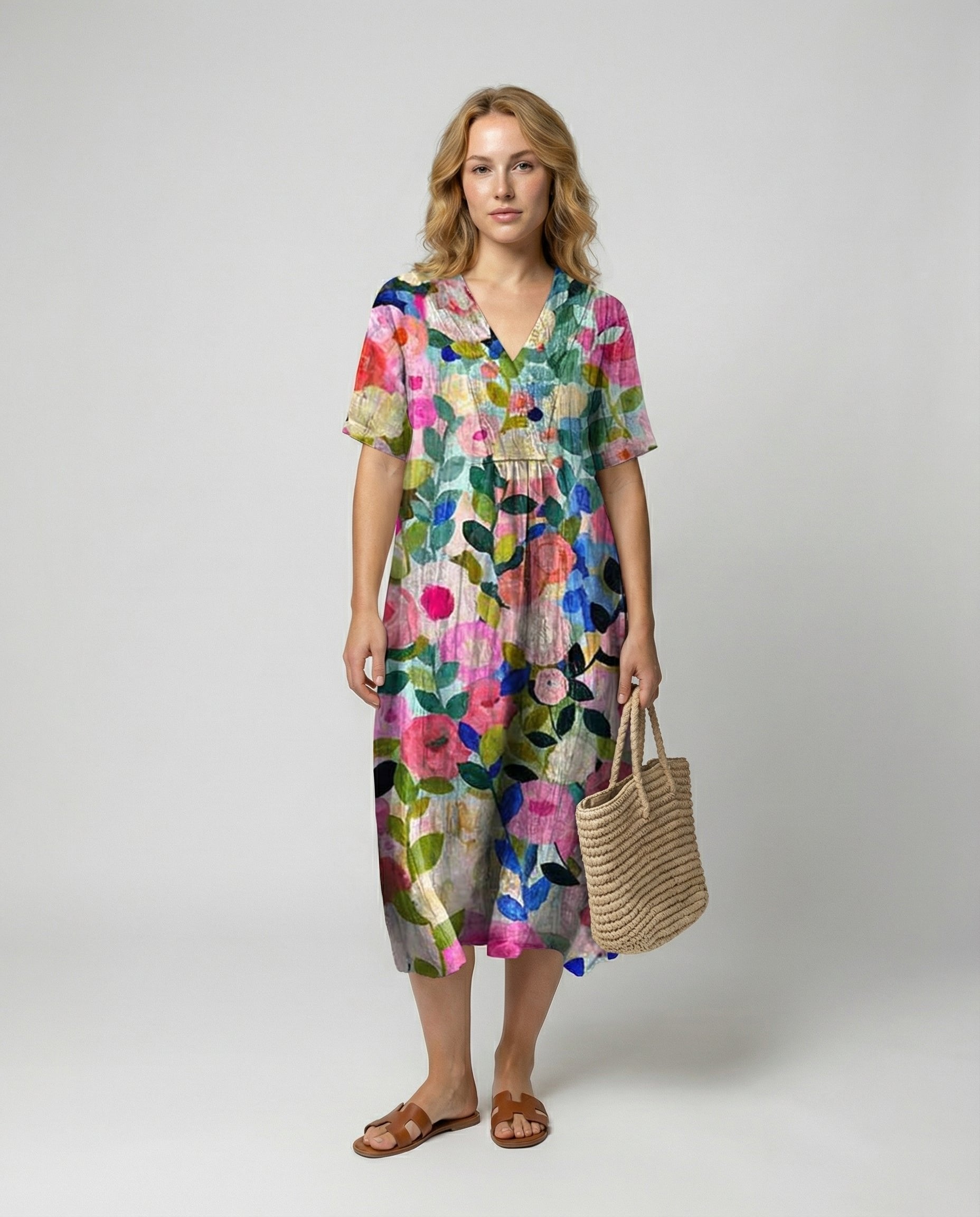 Watercolour Floral Linen V-Neck Midi Dress Short Sleeve