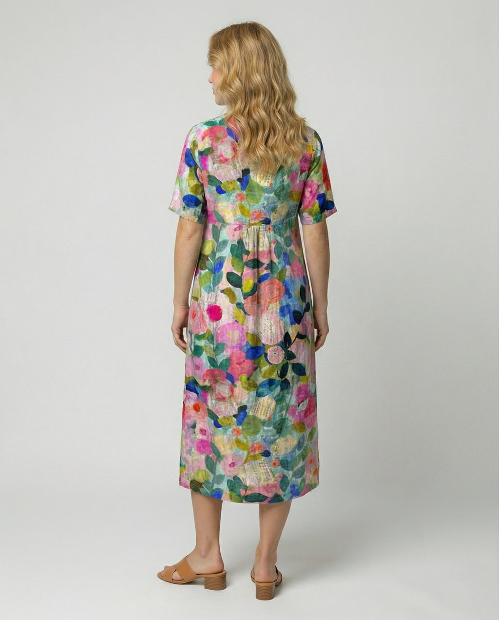 Watercolour Floral Linen V-Neck Midi Dress Short Sleeve