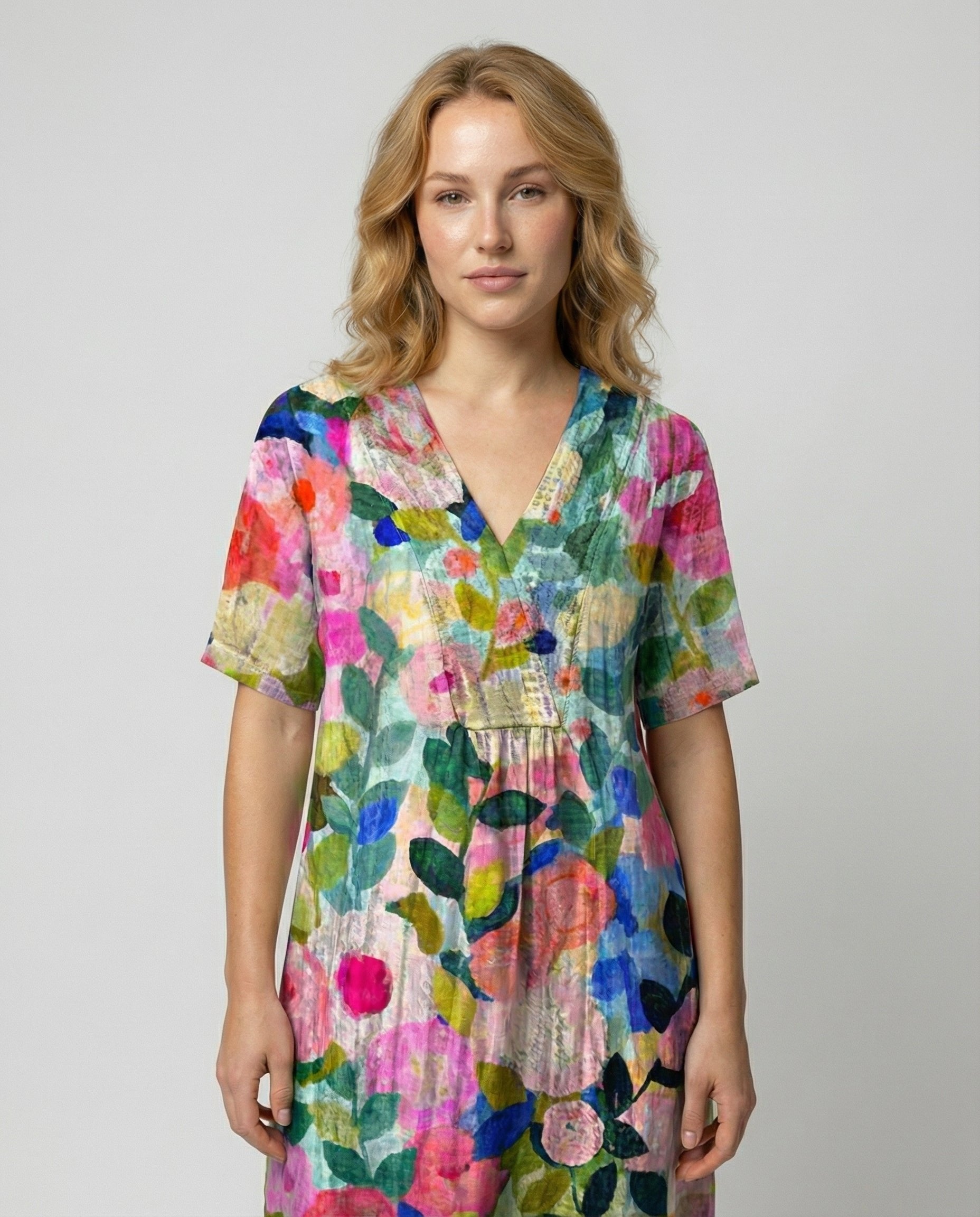 Watercolour Floral Linen V-Neck Midi Dress Short Sleeve