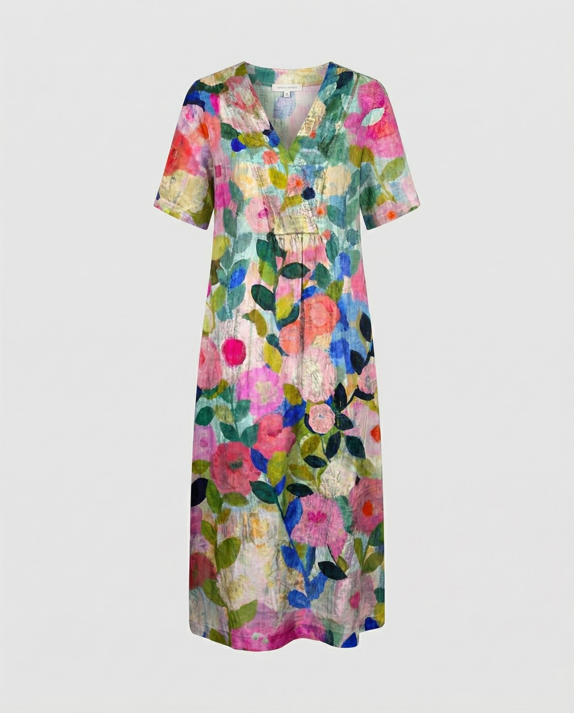 Watercolour Floral Linen V-Neck Midi Dress Short Sleeve