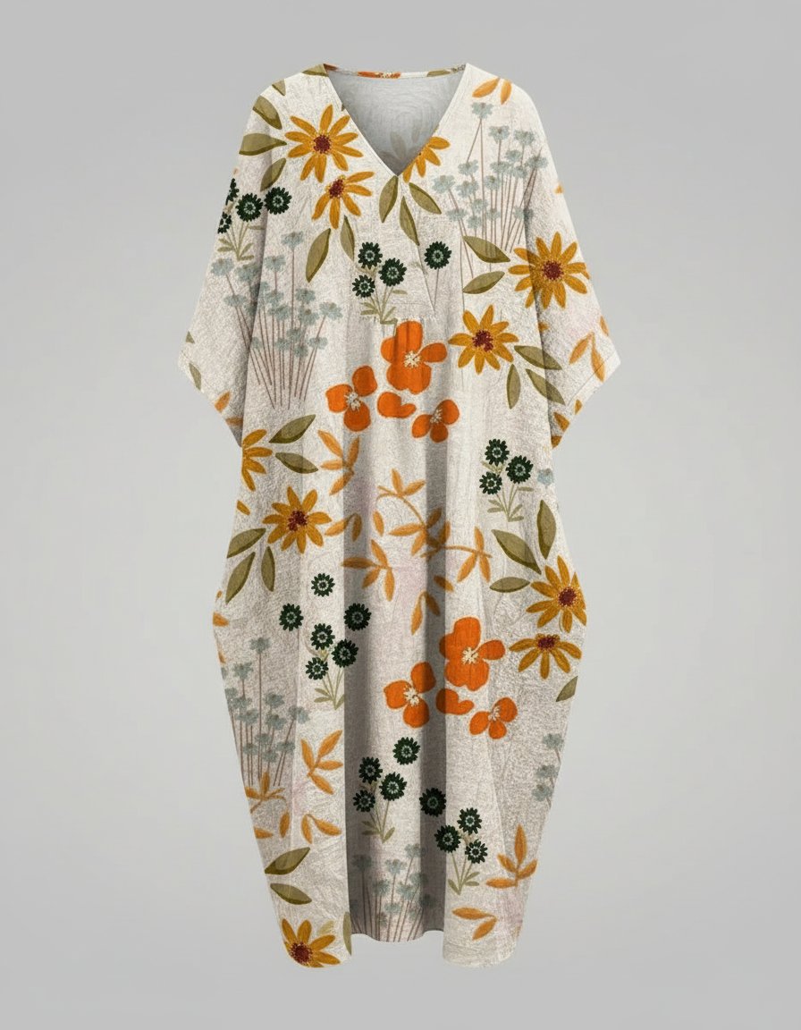Watercolour Floral Linen V-Neck Midi Dress Short Sleeve