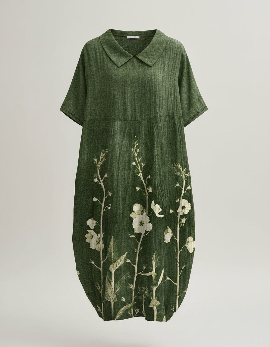 Watercolour Floral Linen V-Neck Midi Dress Short Sleeve