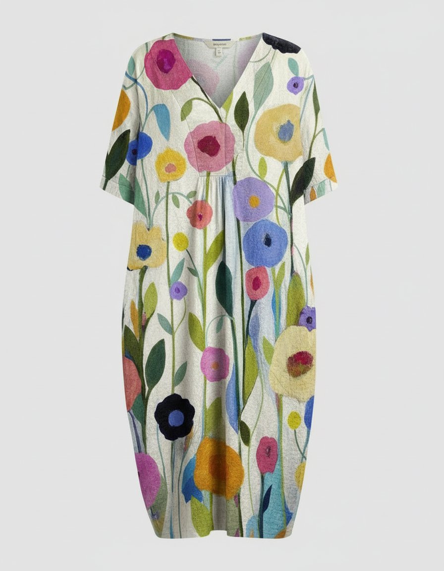 Watercolour Floral Linen V-Neck Midi Dress Short Sleeve