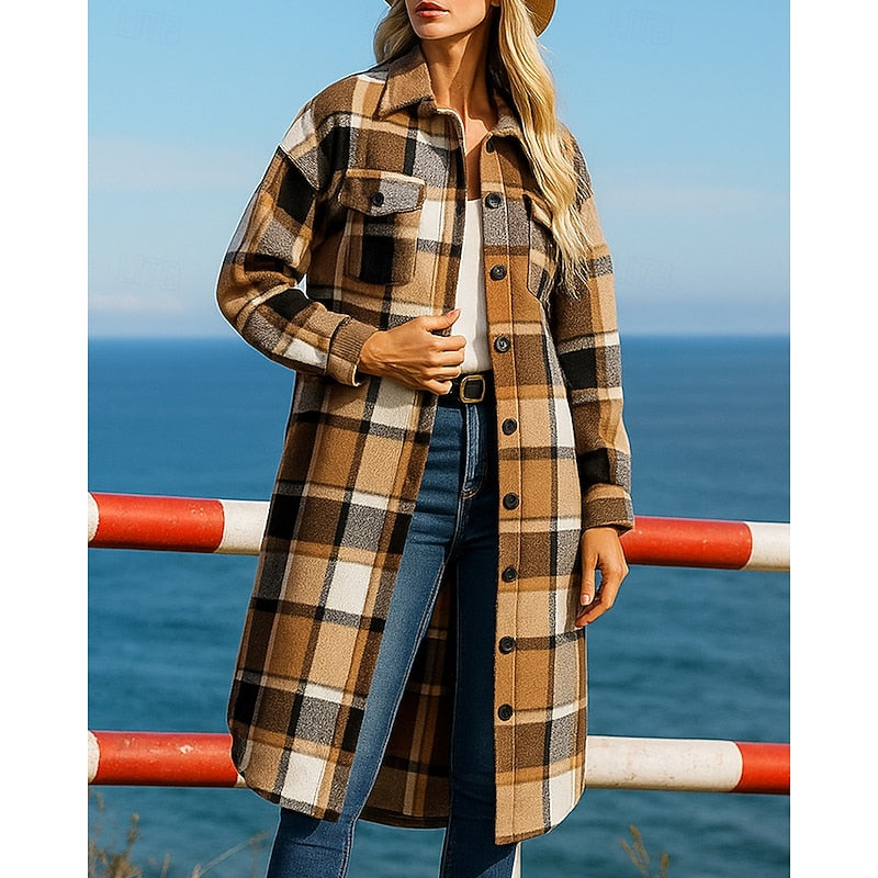 Longline Coat Check Pattern Buttons Pockets Classic